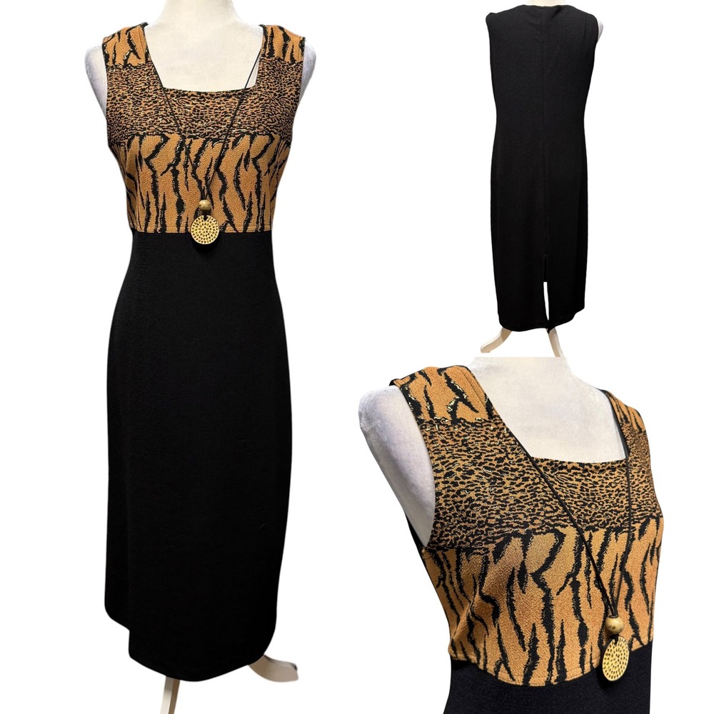 Vtg 90s Y2K Midi Jumper Dress Womens 10P Animal‎ Print Mixed Media Boho Hippie